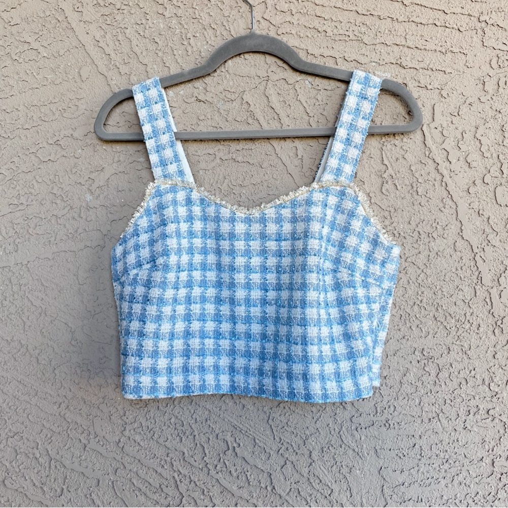 MANGO NWT Blue & White Gingham Check Checkered Plaid Cropped Top